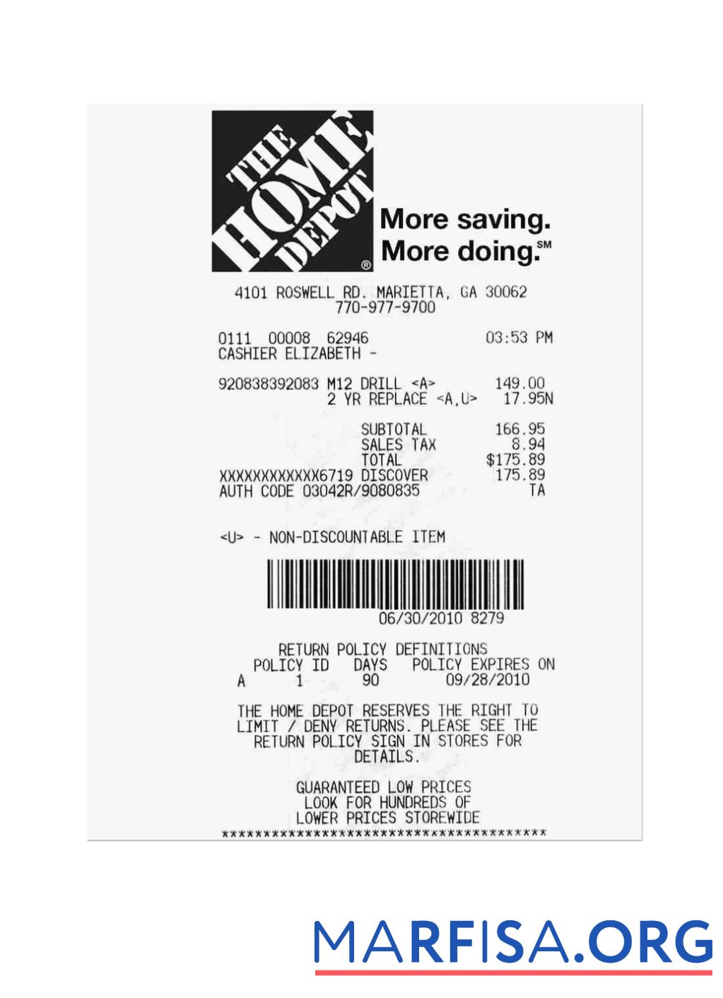 Printable THE HOME DEPOT payment receipt real example